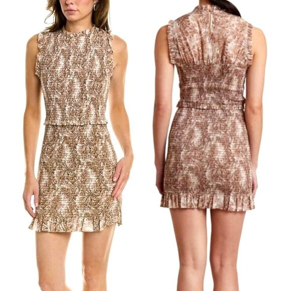 Bec + Bridge Brown And Ivory Cotton Smocked Toile Print Gloria Mini Dress Size 2 - Picture 1 of 14
